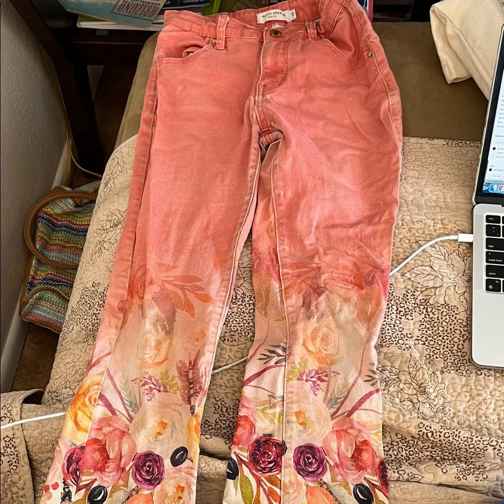 Ranch Dressn Youth  Coral Girls Floral Bell-Bottom Flare Jeans  Size 14 - Picture 2 of 5